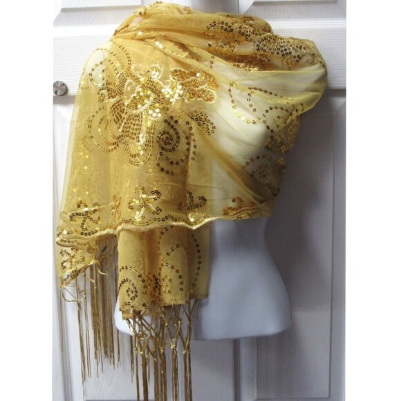 Gold Dressy Sequin Sparkle Scarf Shawl Wrap Wedding Bridal Formal Evening Prom - Picture 2 of 3
